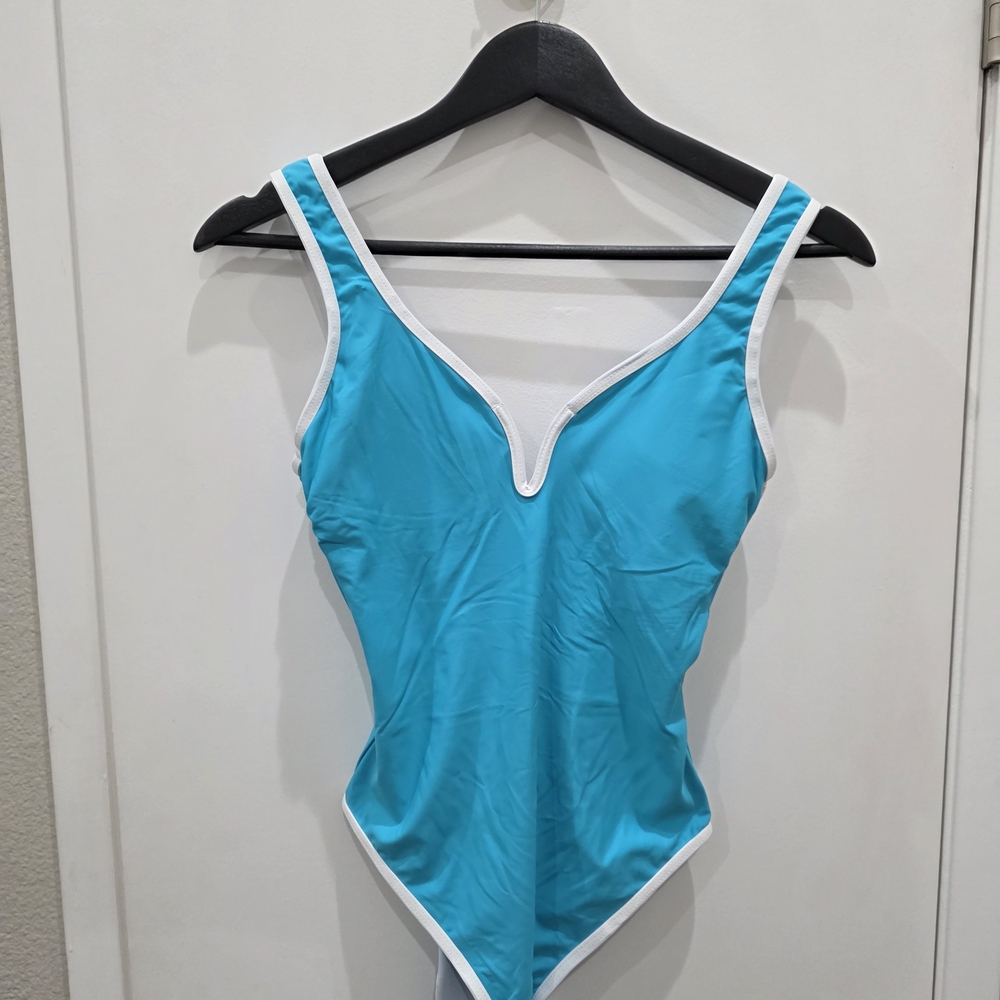 Blue One-Piece Swimsuit with White Trim